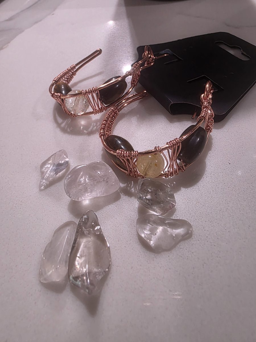 Raw amethyst drop earrings wrapped in copper wire