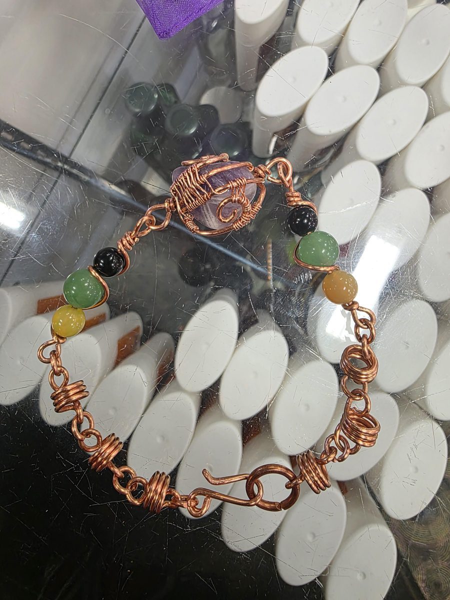 Hand-forged copper chain bracelet with stones