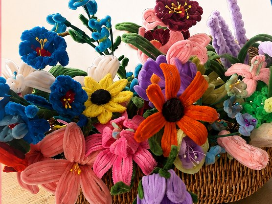 Basket of handmade chenille flowers