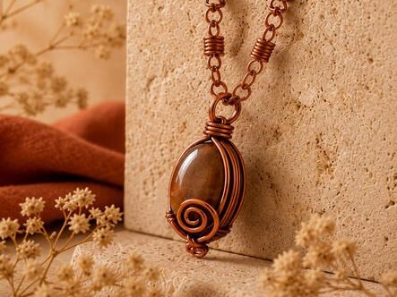 Wire-wrapped copper necklace with a stone pendant