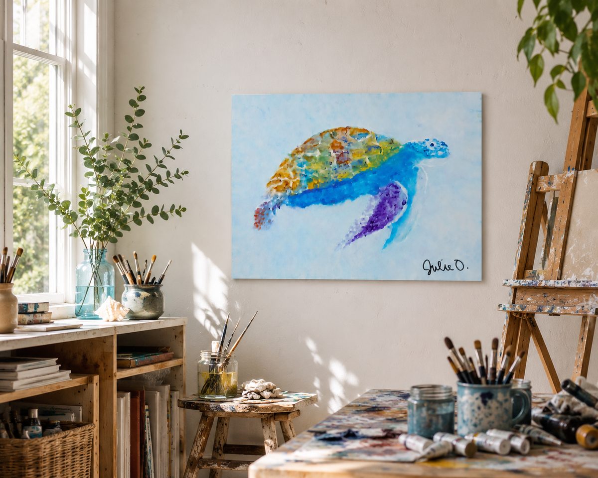Original coastal sea turtle painting by Julie O
